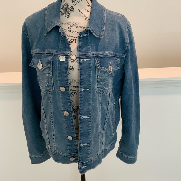 True Religion Blue Denim Jacket with Red Patch men’s size small like new - Picture 8 of 11